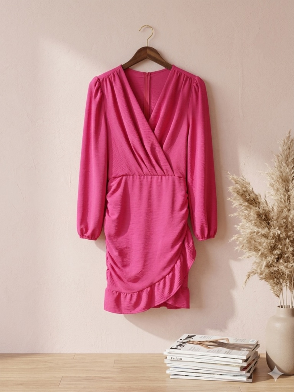 Women’s Pink Wrap-Style Long Sleeve Dress